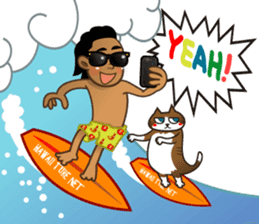 Selfie boy and Hawaiian cute fat cat sticker #5041772