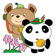 A pretty bear and panda climb a mountain