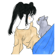 Gray cat and girl sticker #7251320