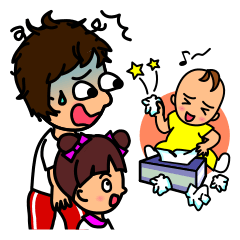 Mother changes child care to a laugh