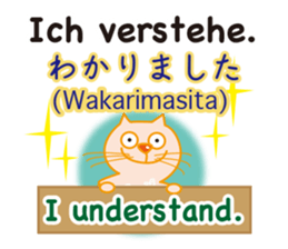 Cat speaks German ,Japanese and English sticker #12107222