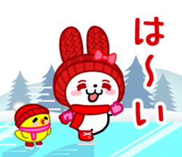 The white rabbit with ribbon in winter sticker #14326234