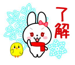 The white rabbit with ribbon in winter sticker #14326235