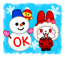 The white rabbit with ribbon in winter sticker #14326236