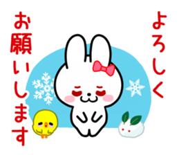 The white rabbit with ribbon in winter sticker #14326237