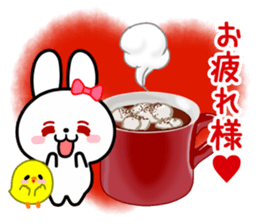 The white rabbit with ribbon in winter sticker #14326238