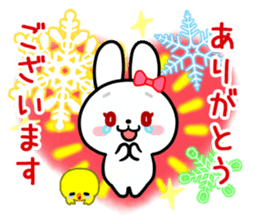 The white rabbit with ribbon in winter sticker #14326241