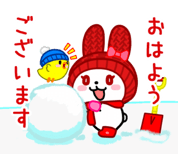 The white rabbit with ribbon in winter sticker #14326243