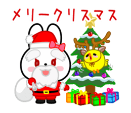 The white rabbit with ribbon in winter sticker #14326255