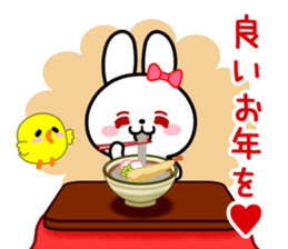 The white rabbit with ribbon in winter sticker #14326261